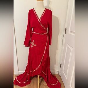The J Peterman Company Women’s Red Wrap Dress Maxi Midi  High Low Size Large